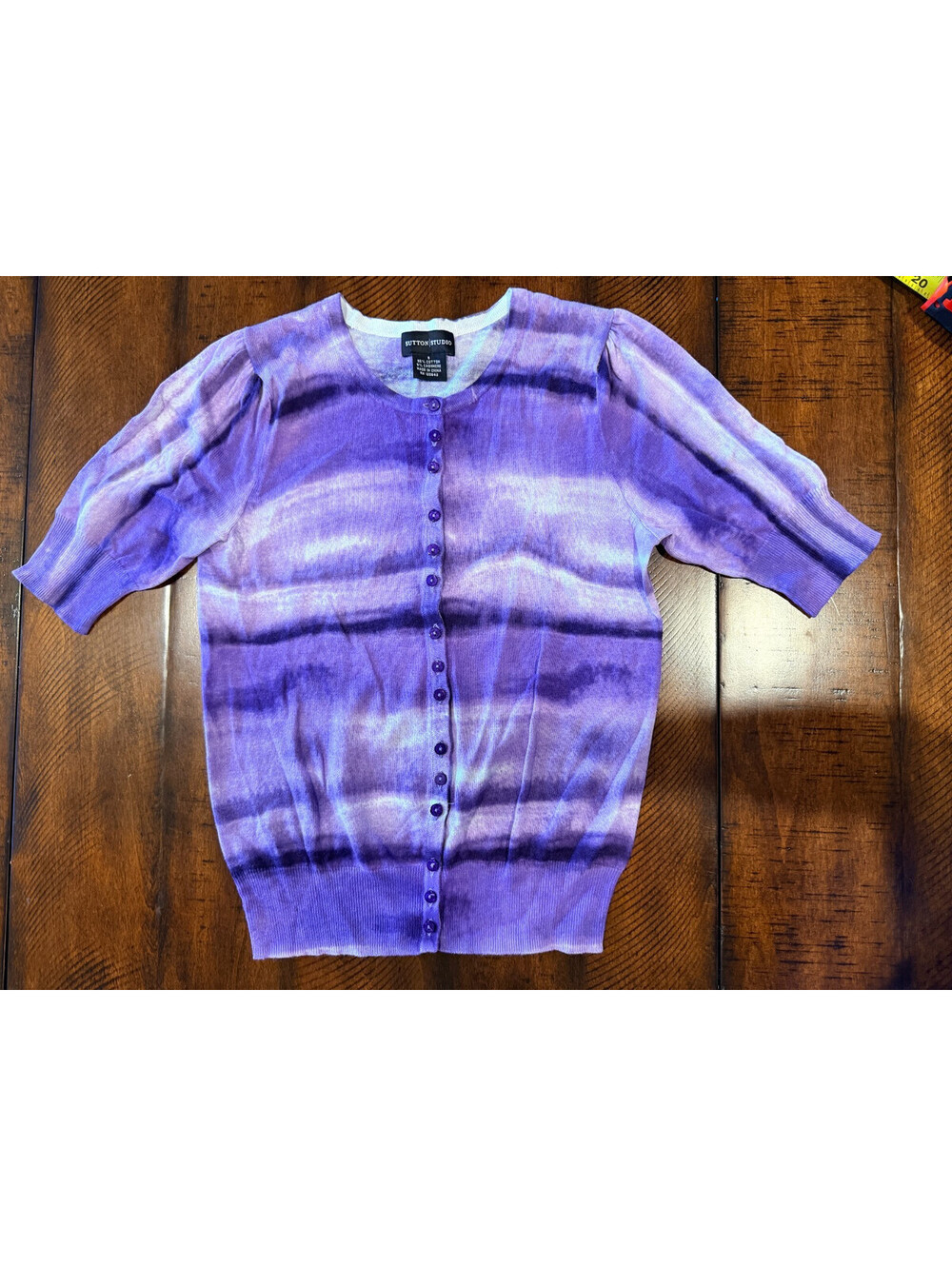 Sutton Studio Purple Striped Button Up Short Sleeve Cardigan, Women's Size Small